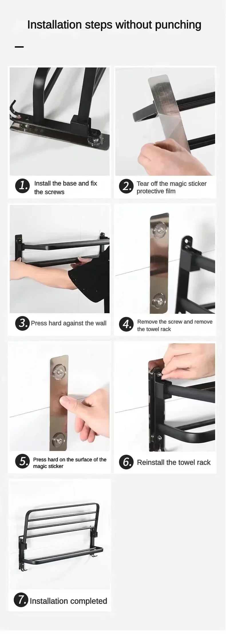 40/50/60CM No Drilling Towel Rack Fold Self-adhesive Wall Hanger Rail Bracket Black Aluminum Shower Bathroom Accessories Holder