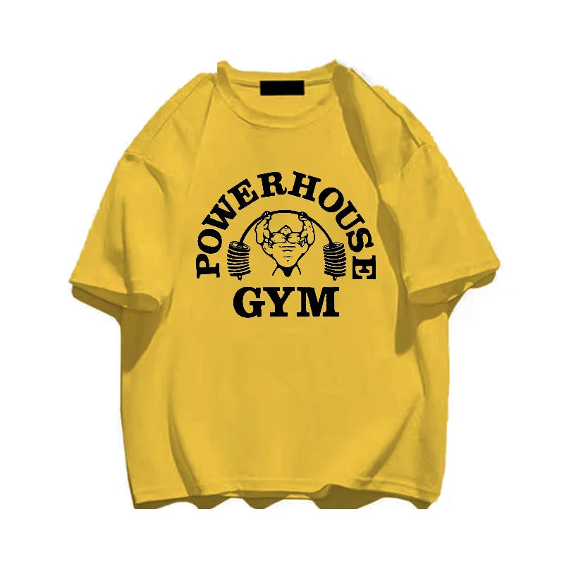 Áo phông vàng với logo "POWERHOUSE GYM" và hình người tập tạ màu đen.