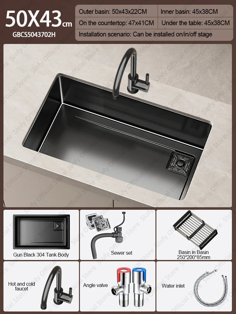 304 Stainless Steel Kitchen Sink Black Single Bowl Thickened Material Wear-Resistant Vegetable Workstation Drainage Accessories - Daisan Mart