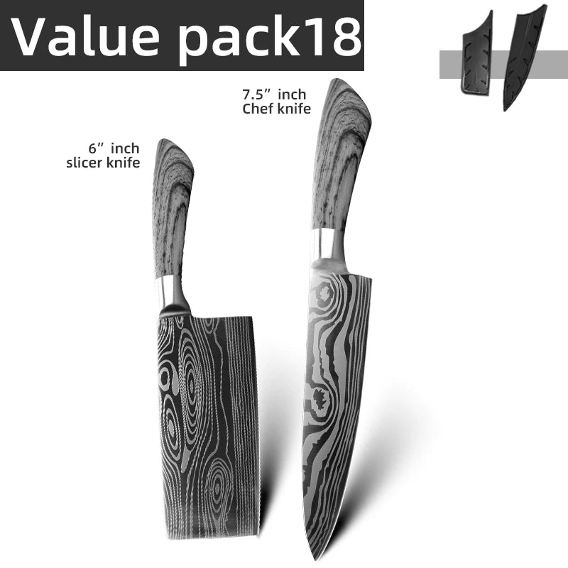 Japanese Santoku Kitchen Knife Set 7Cr17 440C Damascus Pattern