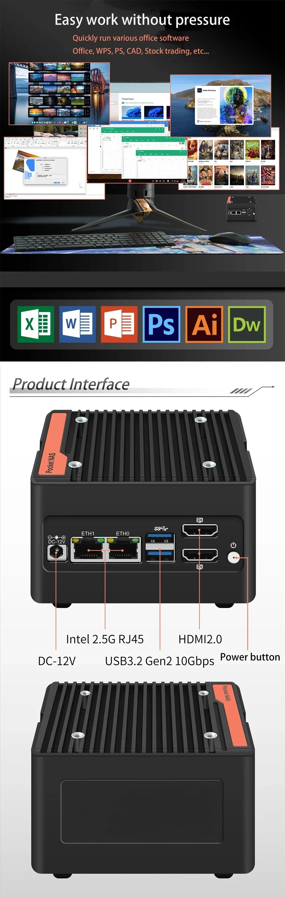 Hot 4 x NVMe Mini NAS Server 4 Bay NAS N100 i3 N305 Pocket PC with Dual LAN,Dual HDMI 2.0,USB3.2 Gen2,Support BT5.4/WiFi6/WiFi7