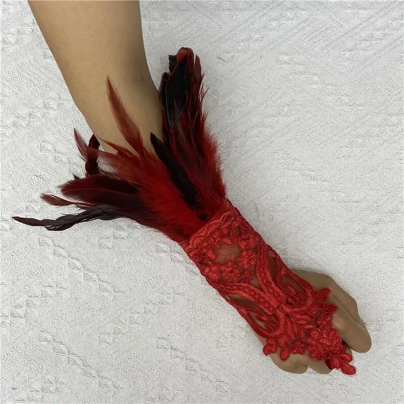Mesh Gloves Women Halloween Lolita Cosplay Y2k Feather Cuffs Fingerless Mittens Lace Black Long Rave Accessories Feather Apparel - Daisan Mart