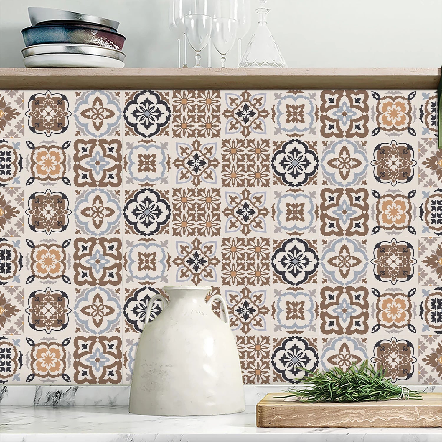 Bohemian Style Ceramic Tile Wall Sticker Bathroom Kitchen BackSplash Waistline Skirting Strip Decor Peel &amp; Stick Art Wall Decals