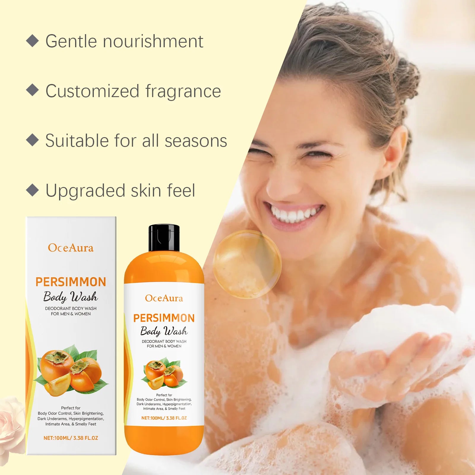 OceAura Persimmon Body Wash Moisturizing Skin Cleaning Smooth Soft Body Odor Remover Bath Products Exfoliating Shower Gel 100ml