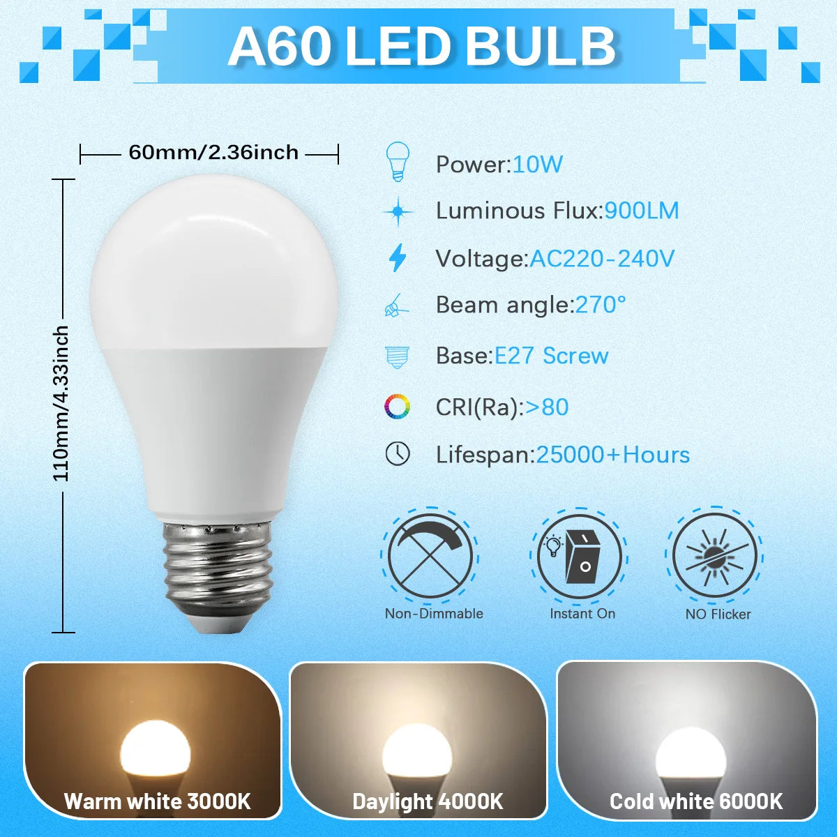 Set of 12 E27 LED Bulbs Full Watt Super Bright 220V 240V