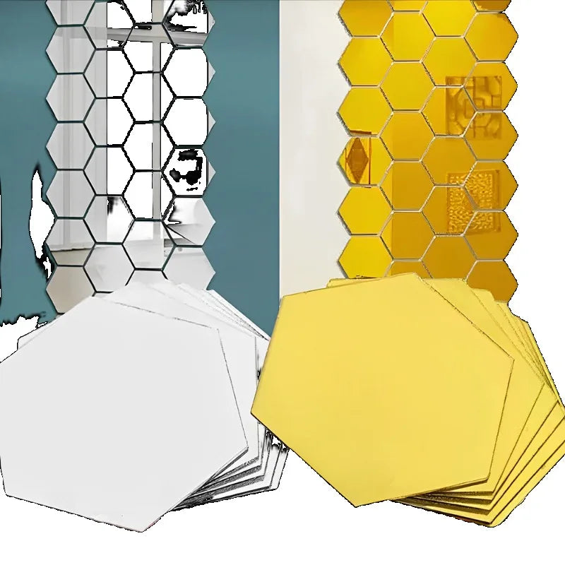 120/6pcs 3D Mirror Wall Sticker Hexagon Acrylic Self Adhesive Mirror Stickers Art Wall Decal Mosaic Tiles DIY Home Bedroom Decor