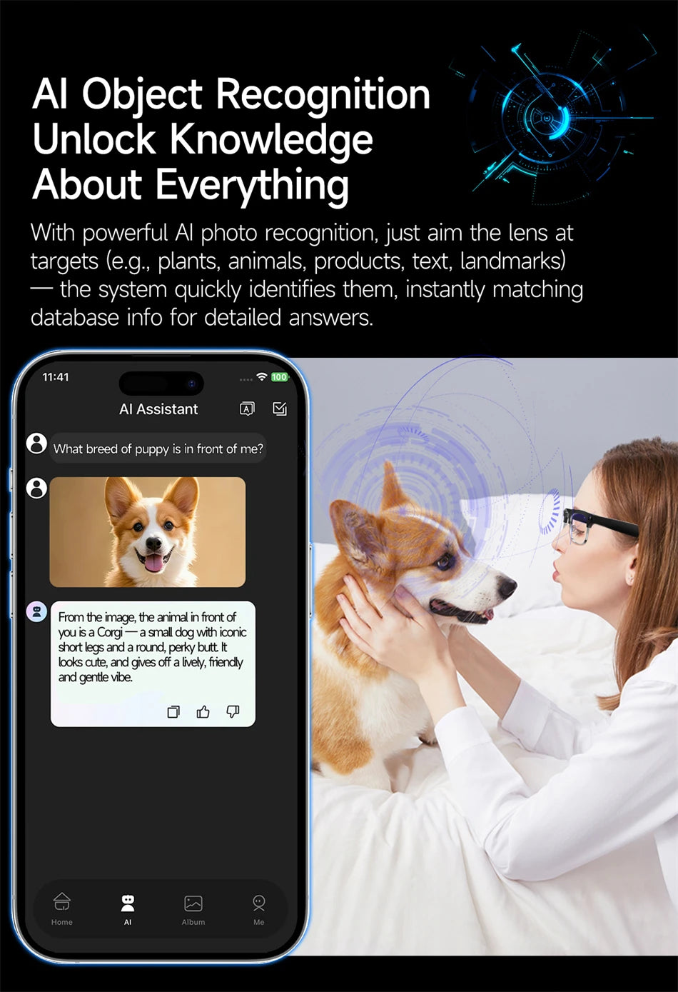 LIGE 4K AI Smart Glasses, 800W Camera, Bluetooth, Touch