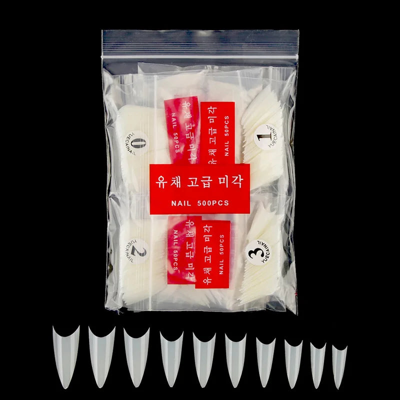 500片裝假指甲尖頭細高跟壓克力UV凝膠假指甲延長尖銳透明法式風格