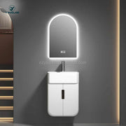 White PVC wall mounted bathroom set with rounded edges, ceramic sink, touch control lights 