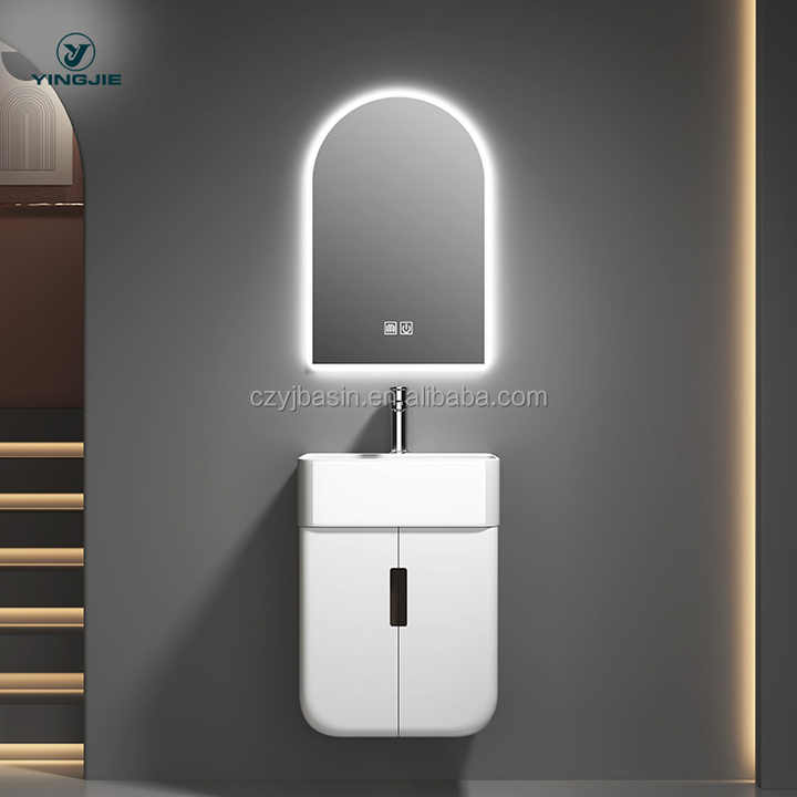 White PVC wall mounted bathroom set with rounded edges, ceramic sink, touch control lights 