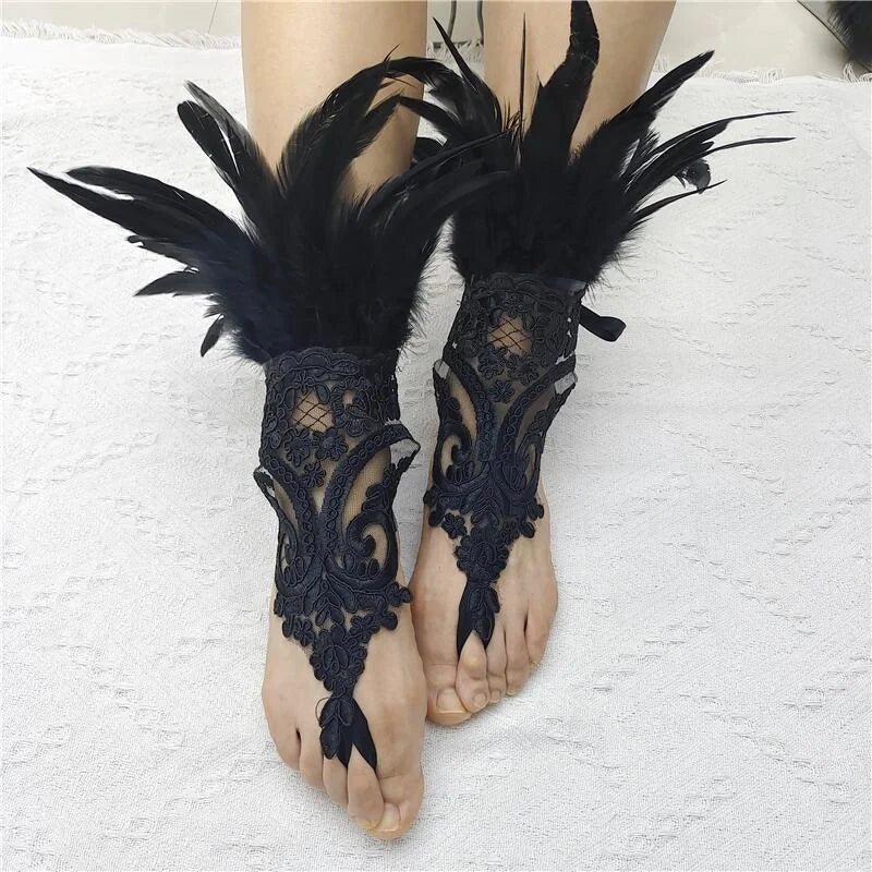 Mesh Gloves Women Halloween Lolita Cosplay Y2k Feather Cuffs Fingerless Mittens Lace Black Long Rave Accessories Feather Apparel - Daisan Mart