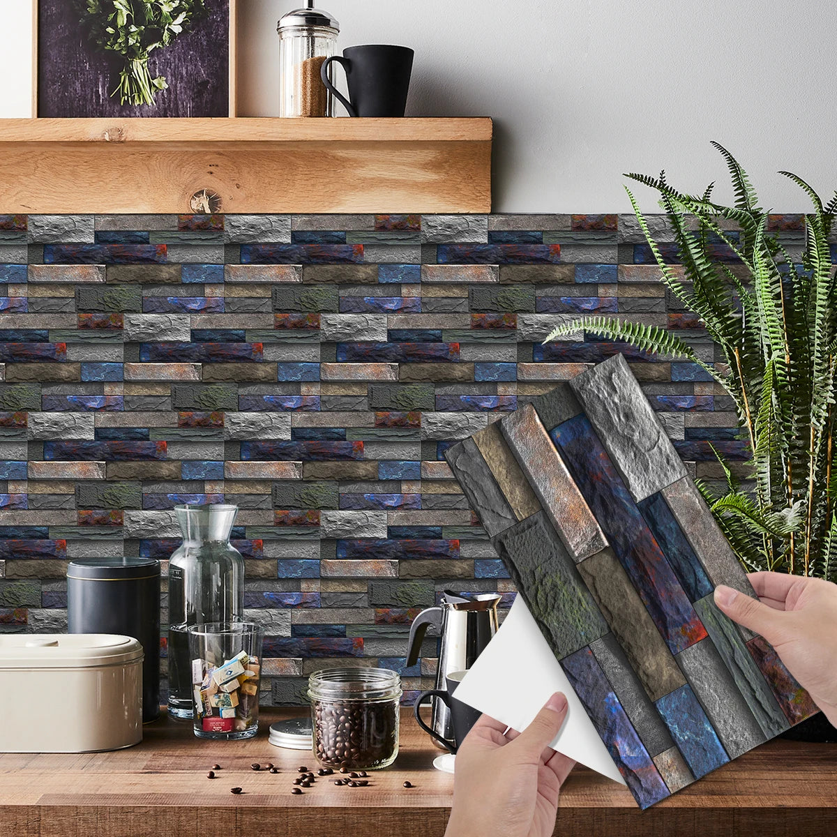 6Pcs 3D Self-Adhesive Wall Sticker 30x15cm Oil Proof Waterproof Brick Stone Imitation Brick Tile Stone Particle Wallpaper Decals