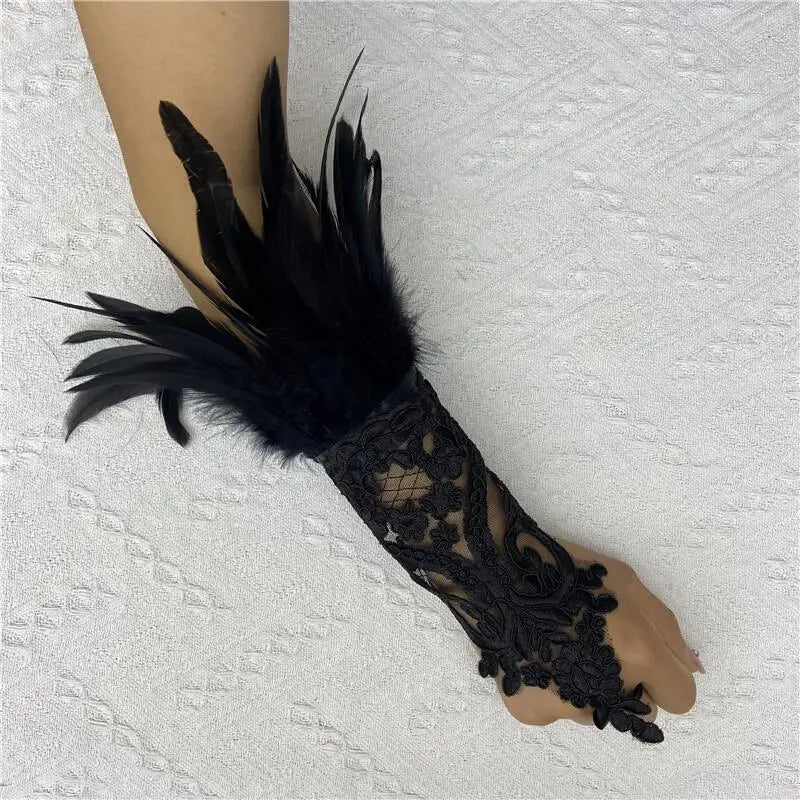 Mesh Gloves Women Halloween Lolita Cosplay Y2k Feather Cuffs Fingerless Mittens Lace Black Long Rave Accessories Feather Apparel - Daisan Mart