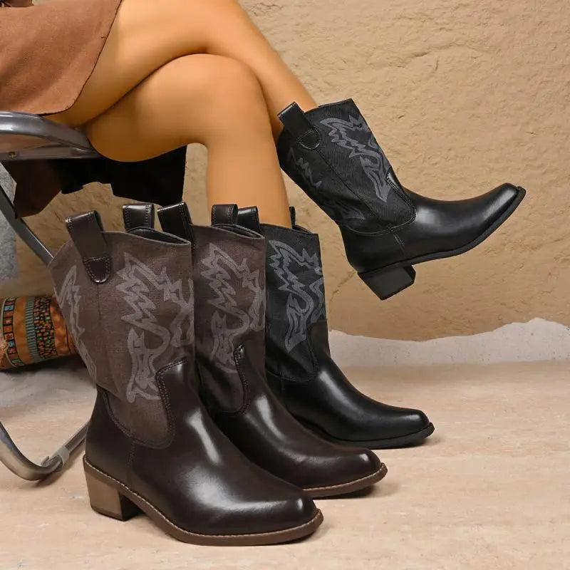 ###Bốt Da Cao Cổ Thêu Nữ 2025 - Phong Cách Viễn Tây