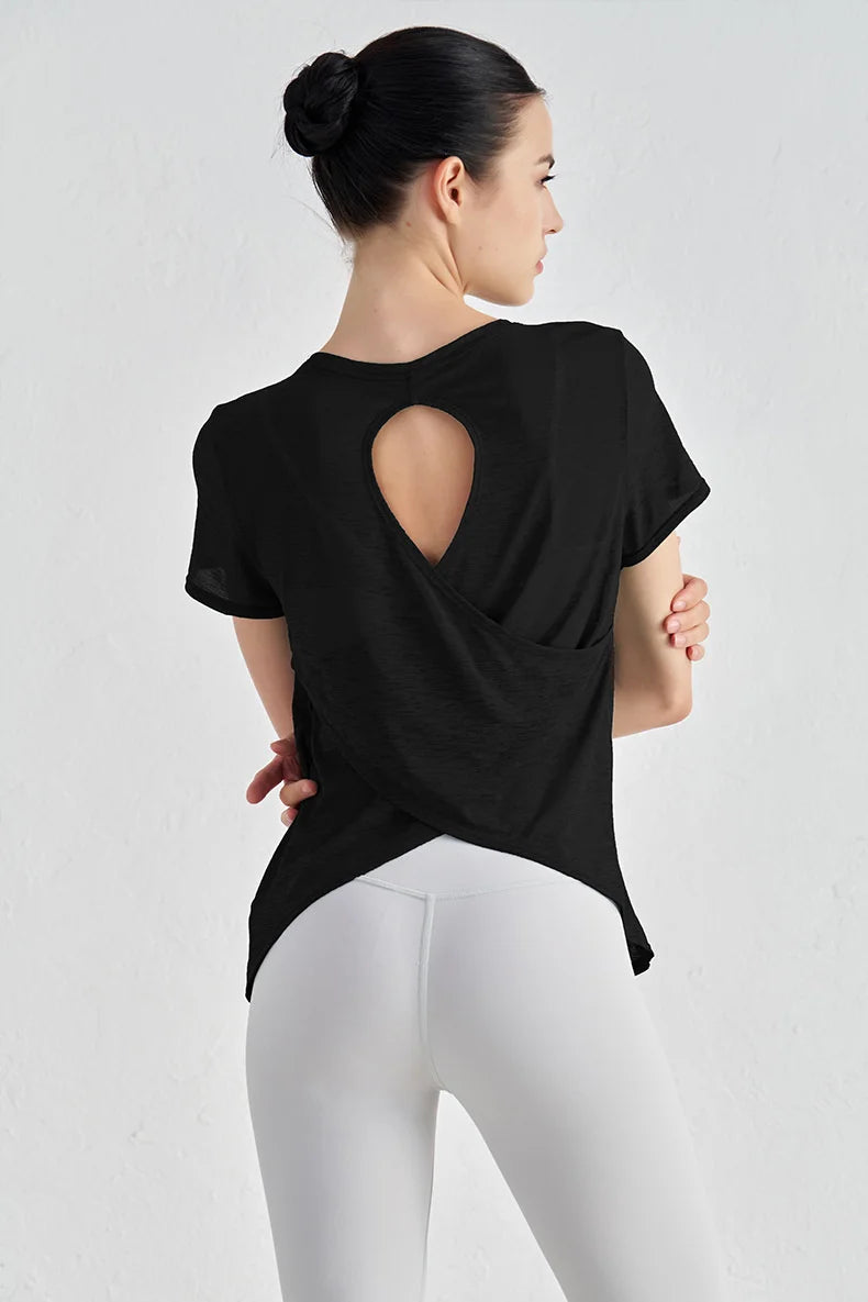 Áo Tập Gym Nữ Nylon Thoáng Mát Lưng Rỗng Ngắn Tay - Daisan Mart