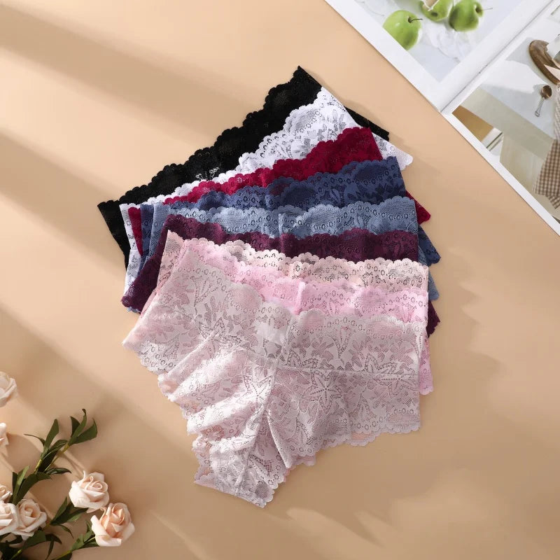 5PCS Women's Sexy Lace Star High Waist Thongs Solid Color Hollow Out Transparents Underwear Female Perspective G-strings S-XXL