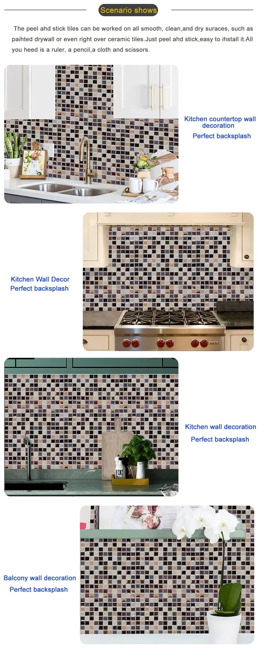 12"x12" Kitchen Backsplash Wall Tiles Peel and Stick Wall Stickers Wallpaper 3D Waterproof Self Adhesive Tile Mosaic Wallsticker