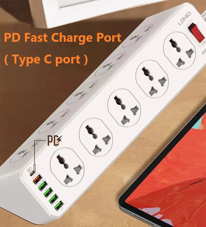 Ổ Cắm Đa Năng 10 Lỗ 4 USB 1 Cổng Sạc Nhanh Type C