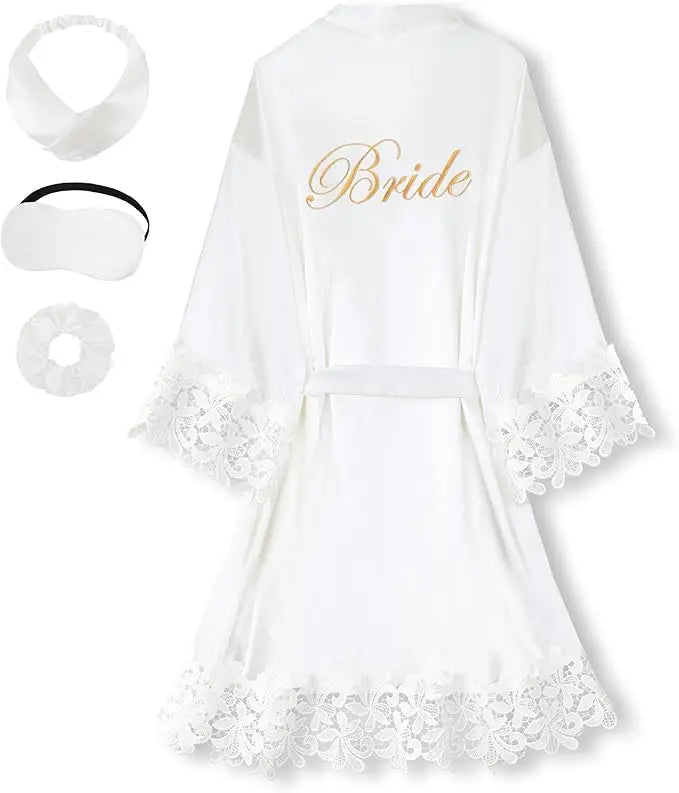 Áo choàng cô dâu lụa ren kèm đai Bride thêu sang trọng