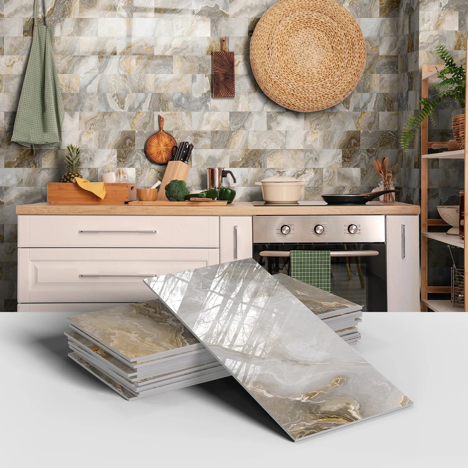 Set of 16 Waterproof Stone Pattern Foam Wall Stickers for Kitchen