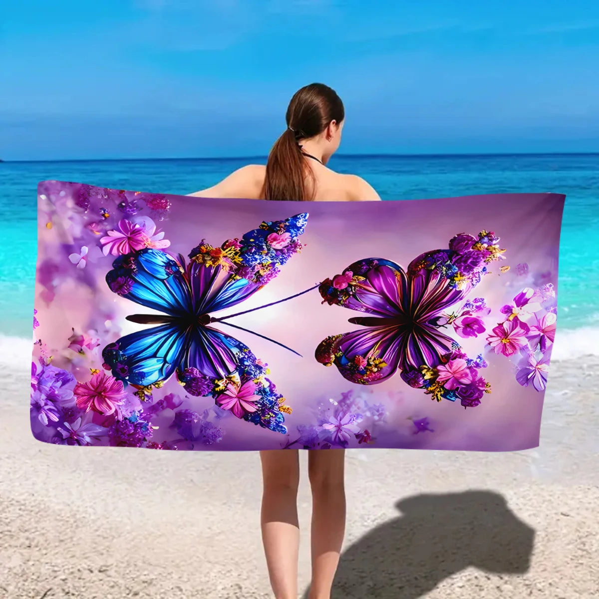 Khăn Biển Đa Năng In Bướm Hoa Sợi Siêu Mịn 1 Chiếc