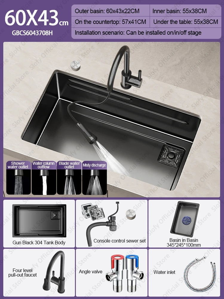 304 Stainless Steel Kitchen Sink Black Single Bowl Thickened Material Wear-Resistant Vegetable Workstation Drainage Accessories - Daisan Mart