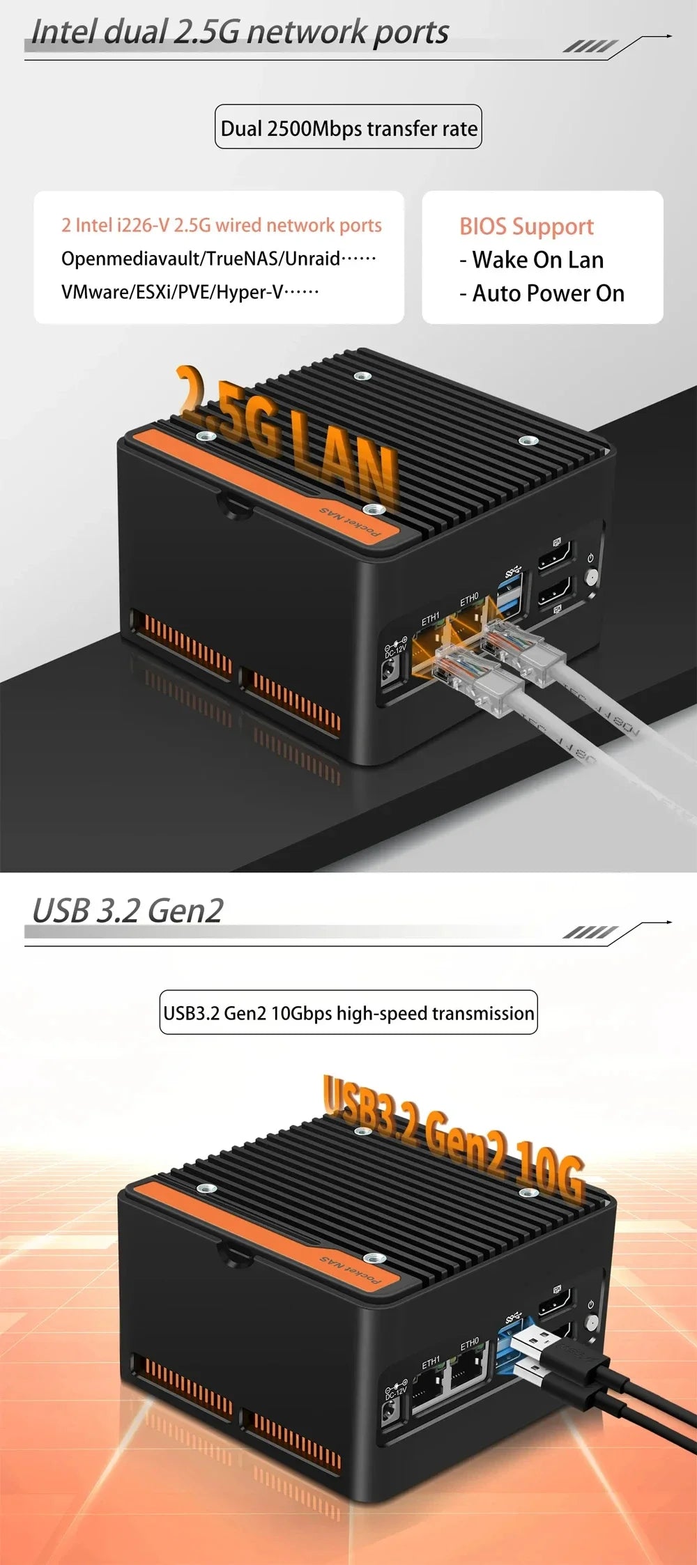 Hot 4 x NVMe Mini NAS Server 4 Bay NAS N100 i3 N305 Pocket PC with Dual LAN,Dual HDMI 2.0,USB3.2 Gen2,Support BT5.4/WiFi6/WiFi7