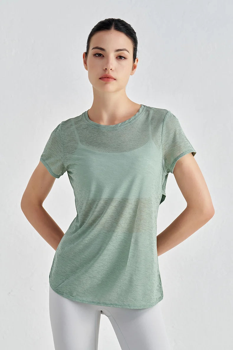 Áo Tập Gym Nữ Nylon Thoáng Mát Lưng Rỗng Ngắn Tay - Daisan Mart