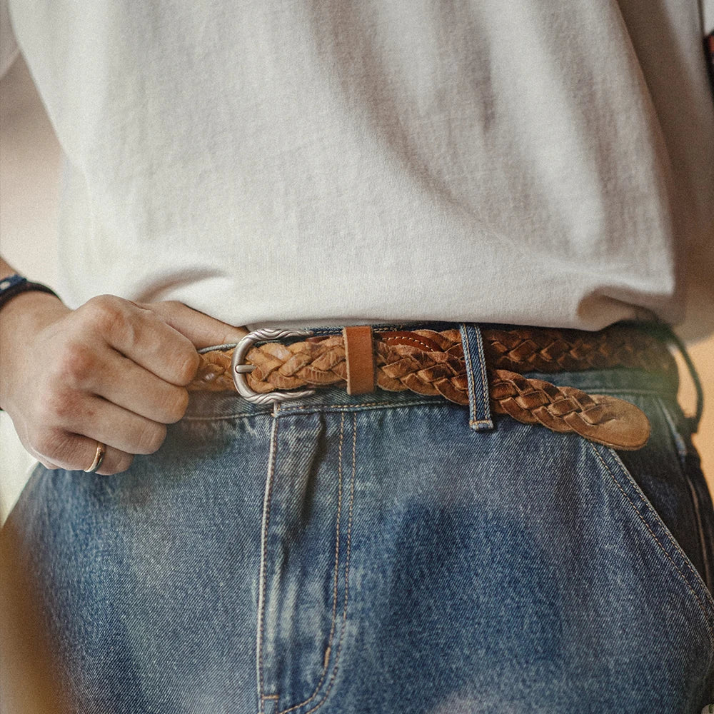 Thắt lưng da bò 2 lớp Vintage nam nâu Maden