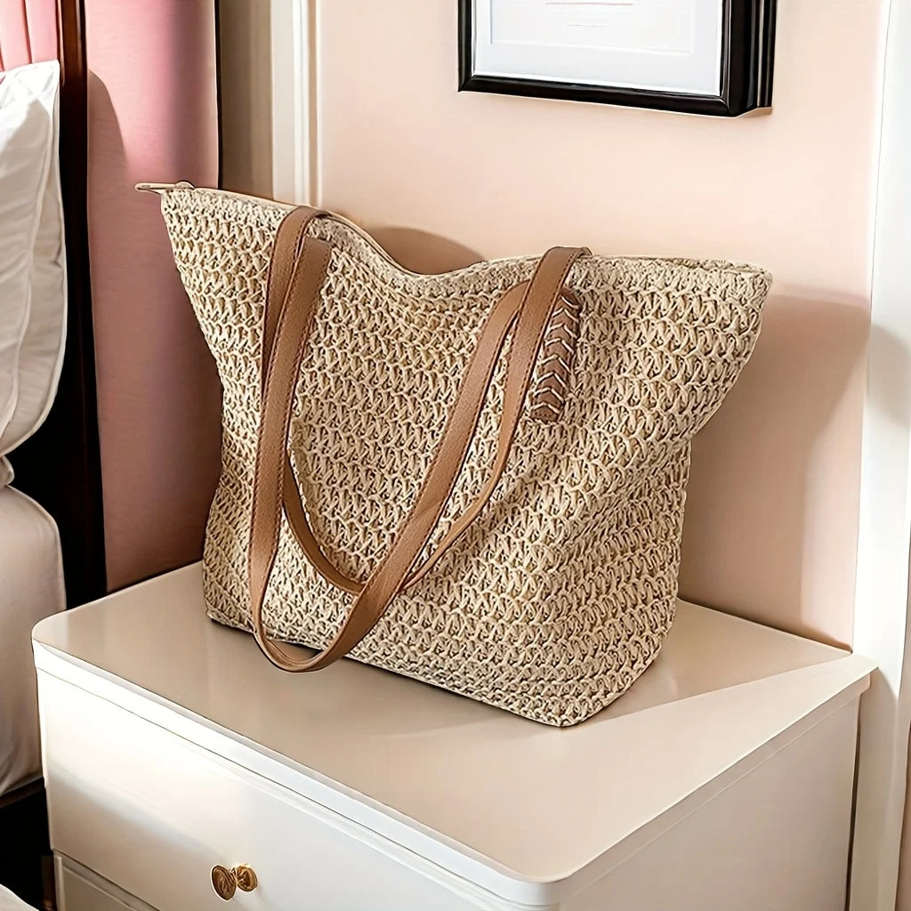 Beige Large Straw Bag with Brown Strap Fashion