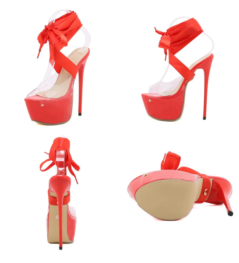 Sandal Cao Gót Đỏ Trong Suốt Buộc Dây Quyến Rũ - Daisan Mart