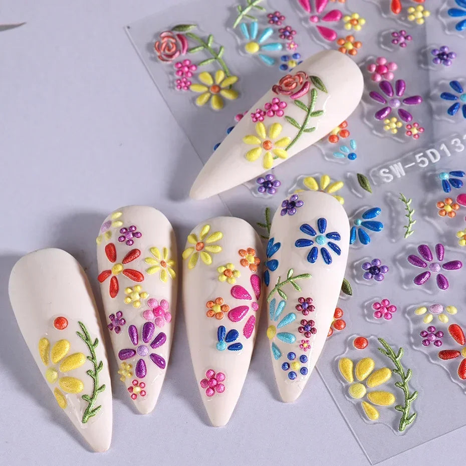 5D Colorful Daisy Flower Nail Art Sticker Lace Heart Spring Hollow Petals Boho Style French Engraved Slider Manicure Decorations - Daisan Mart