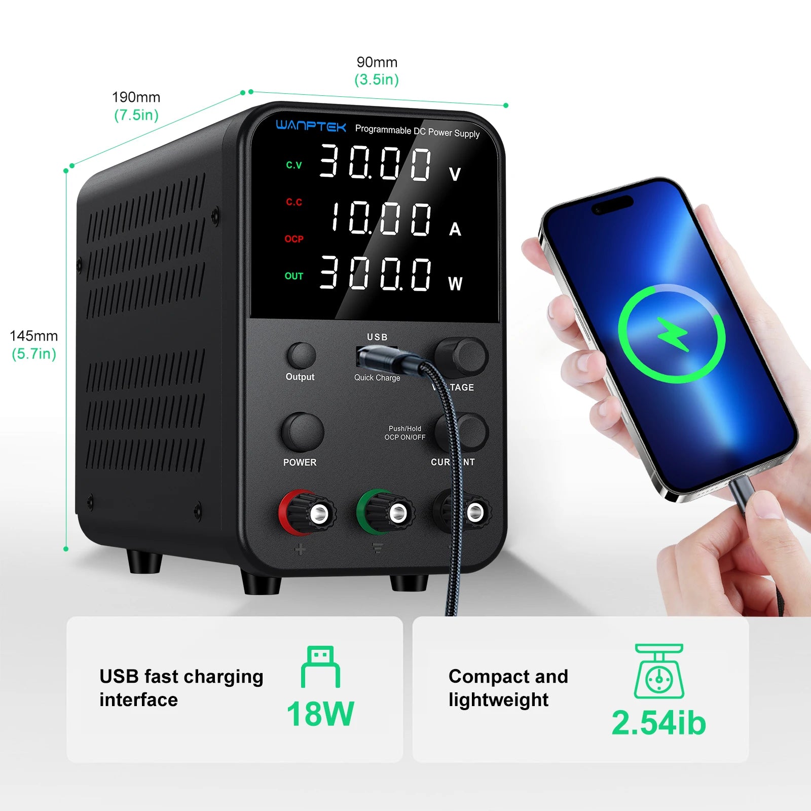 Wanptek Laboratory Power Supply Adjustable 30V 10A 60V 5A 120V 3A with USB Fast Charging Encoder Adjustment Lab DC Power Supply
