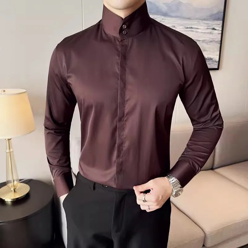 Korean Spring and Autumn High Collar Slim Fit Men's Shirt