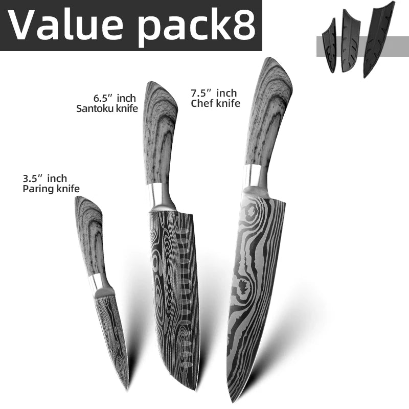 Bộ Dao Bếp Nhật Santoku 7Cr17 440C Vân Damascus
