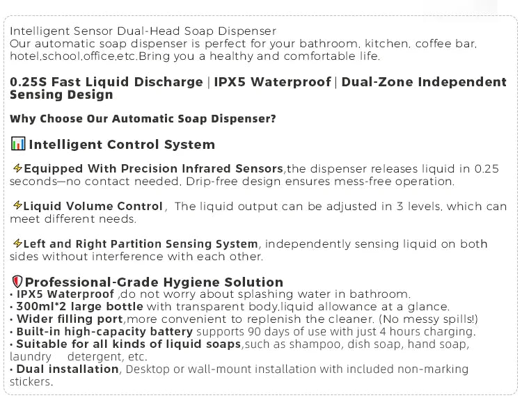 600ml Automatic Foam Soap Dispenser Double-Head Touchless Rechargeable 3-Level Adjustable Induction Sensor for Kitchen Bathroom