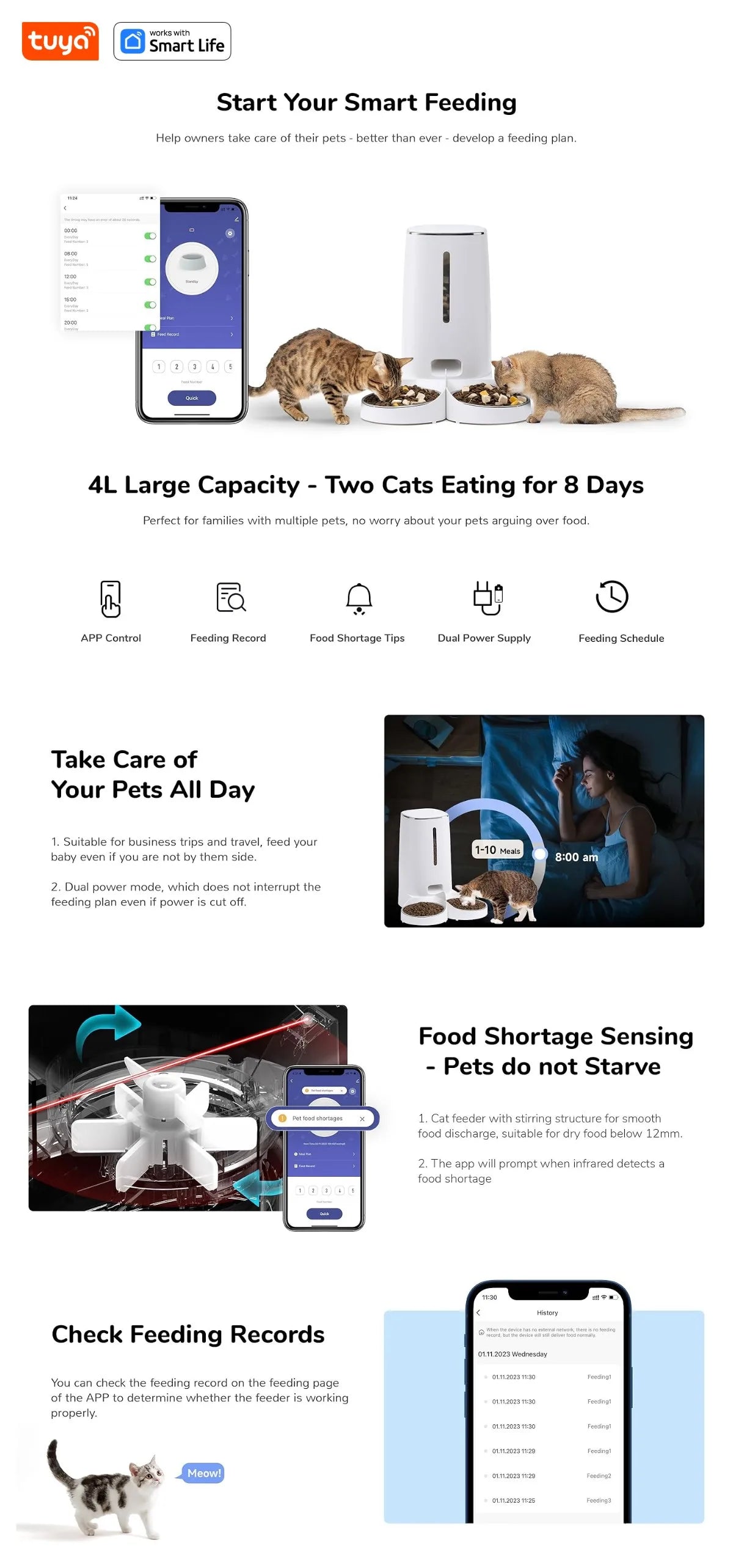 4公升自動寵物餵食器，適用於1-2隻貓，WiFi智慧自動餵食器，適用於貓狗，可透過APP控制定時餵食。