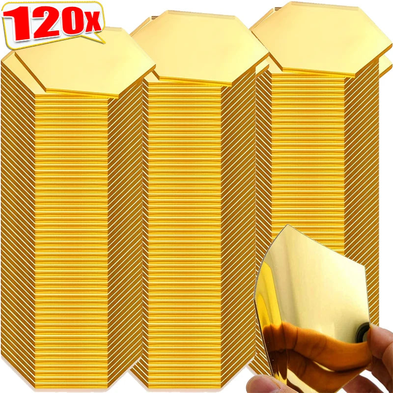 120/6pcs 3D Mirror Wall Sticker Hexagon Acrylic Self Adhesive Mirror Stickers Art Wall Decal Mosaic Tiles DIY Home Bedroom Decor