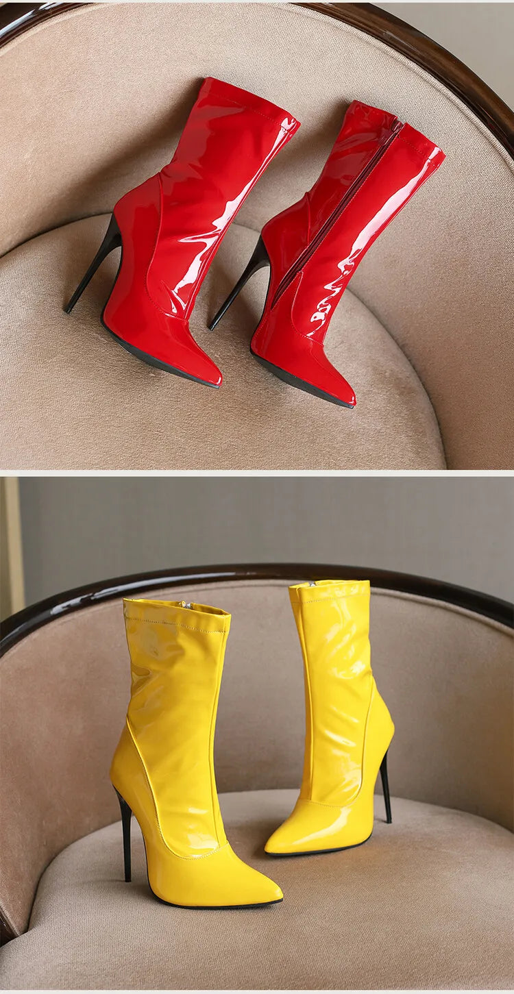 Women's Pointed Toe, Short Cut, Elegant Pointed Heel Patent Leather Boots