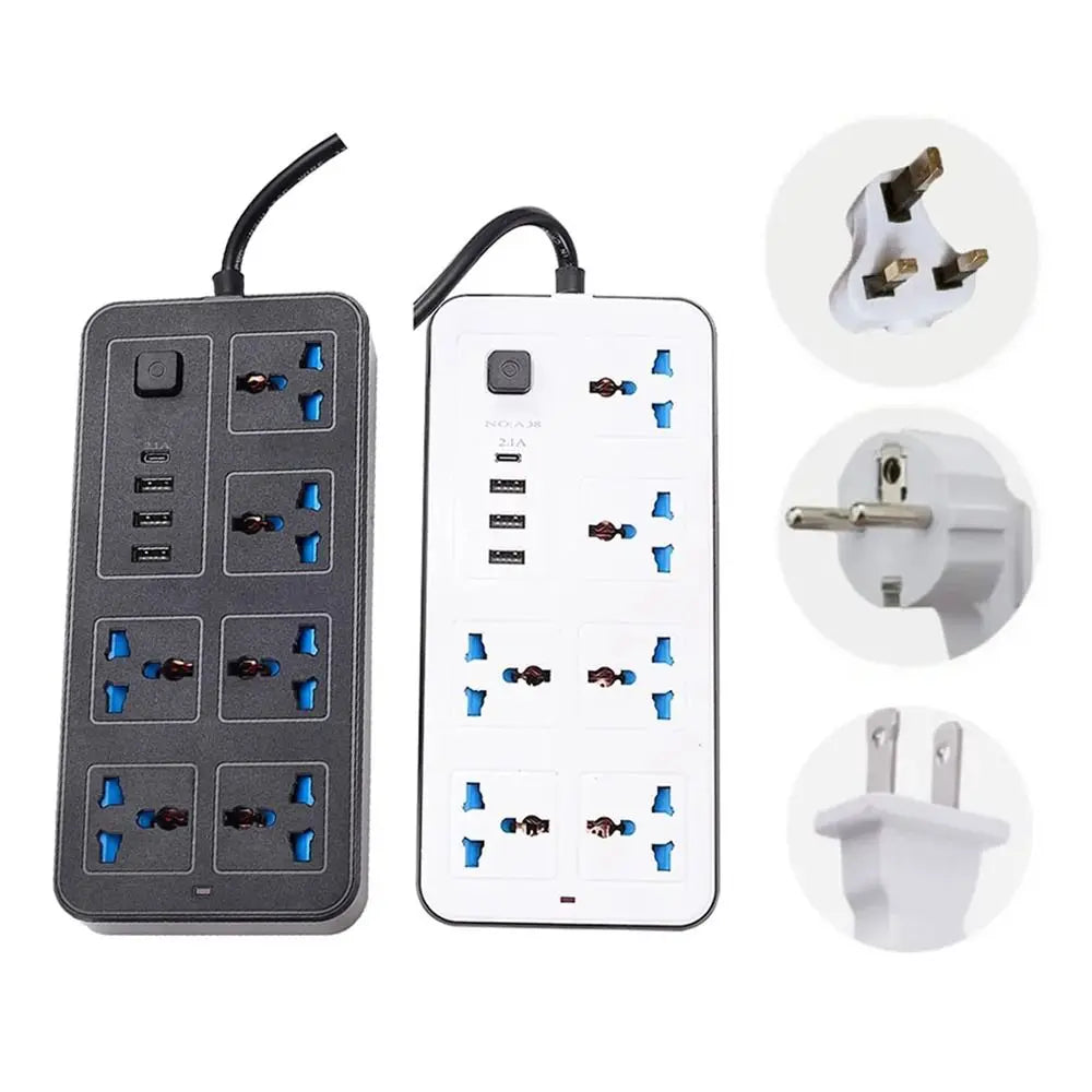 Hai ổ cắm điện màu đen và trắng, mỗi cái có 8 lỗ cắm và cổng USB, kèm ba loại phích cắm.