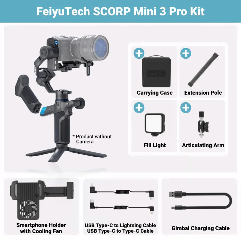 FeiyuTech SCORP Mini 3 Pro – 3-in-1 Gimbal with Detachable Handle &amp; AI 4.0 Tracking for Mirrorless, Action Cameras &amp; Phones