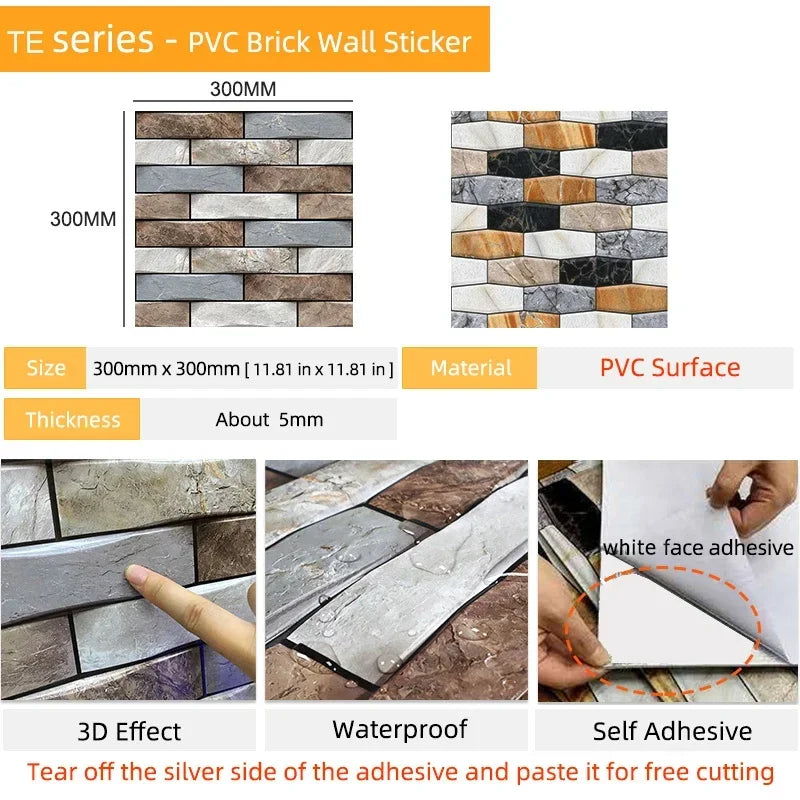 15PCS Wall Sticker Waterproof PVC imitation brick Wallpapers for TV walls living room bedroom kitchen kids rooms painted surface