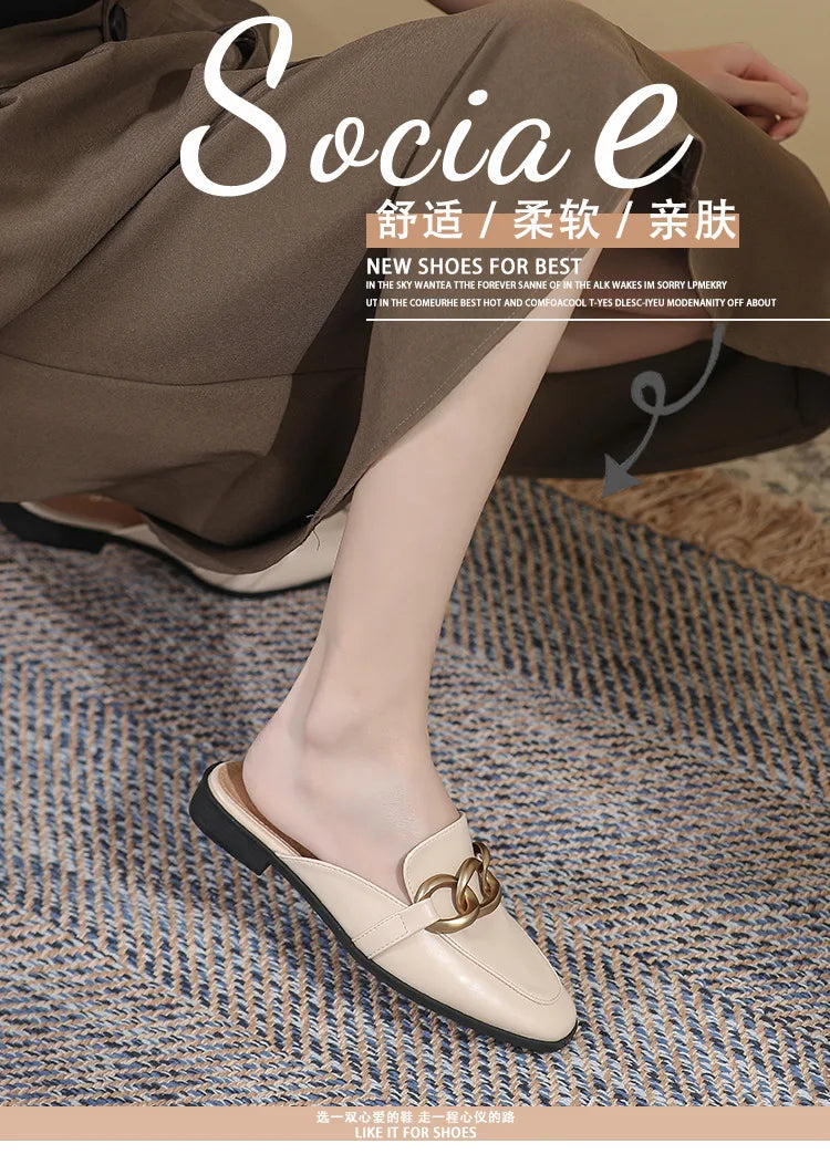 Women's Fashion Mules - Square Toe Black and White Chain