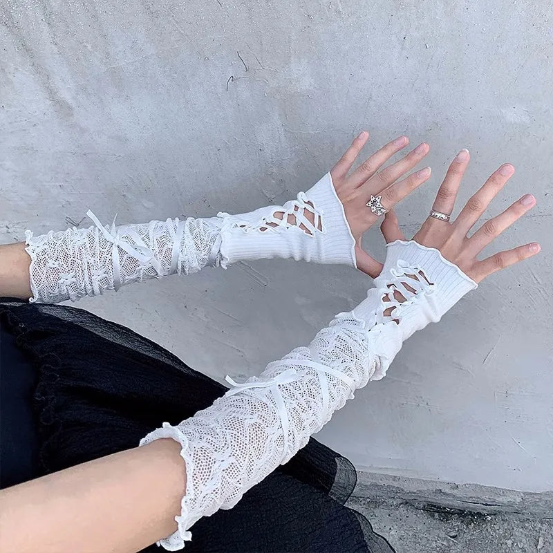 New Design Women Sexy Bandage Fingerless Gloves Gothic DIY Strapping Sunscreen Sleeve Lolita Jk Emo Y2k Elastic Mesh Punk Gloves - Daisan Mart