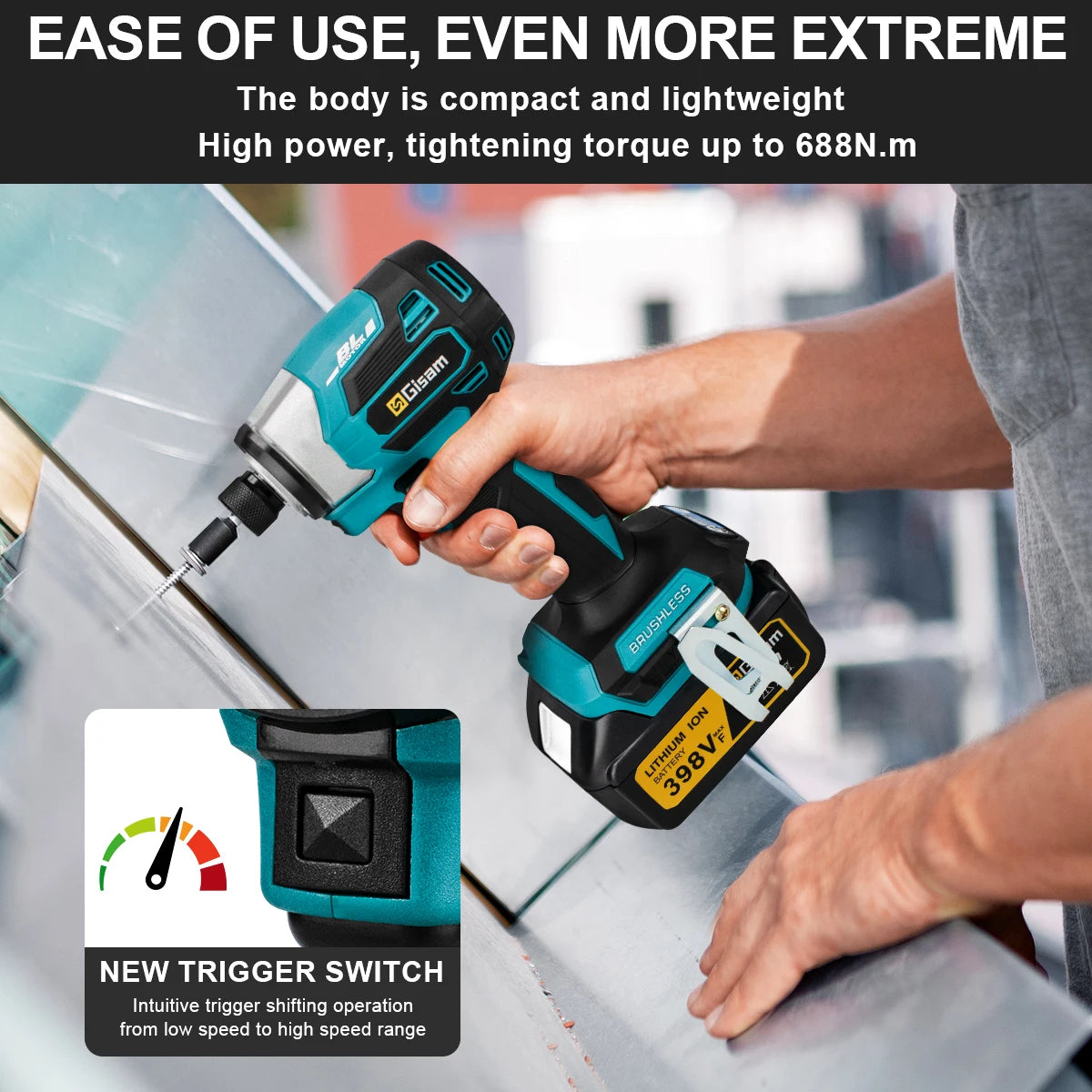 688N.m 1/4'' Brushless Electric Screwdriver Cordless Screwdriver Electric Drill Impact Driver Kit for Makita 18V Battery Battery
