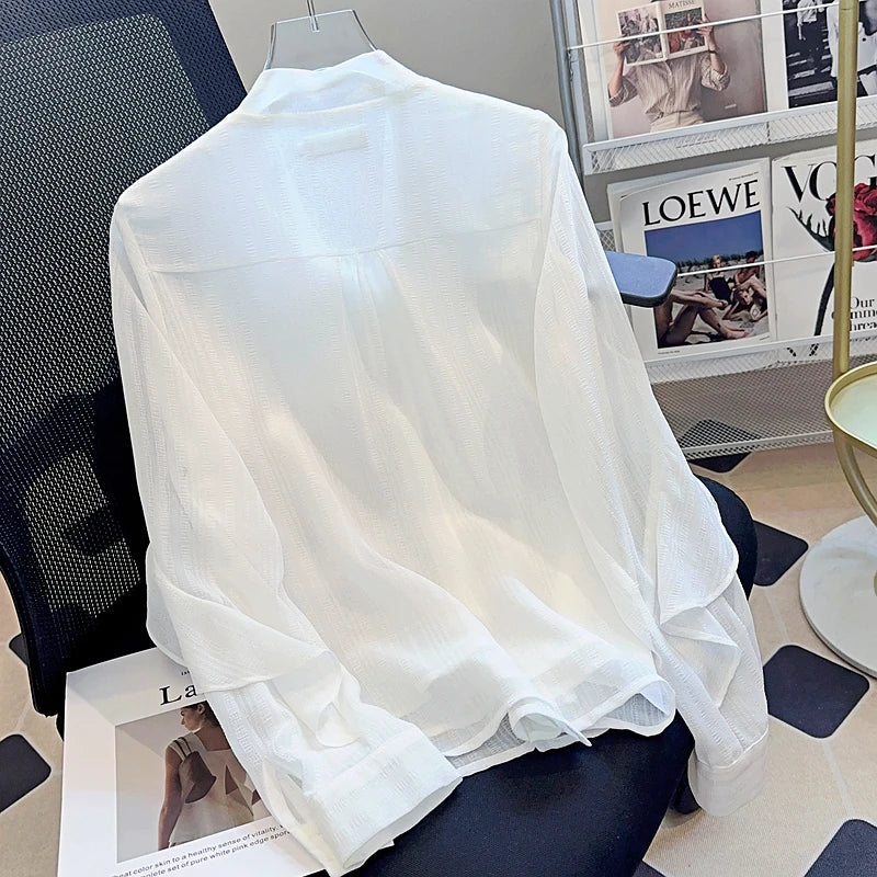 Women Shirt Blouse New Long Sleeve Bow Collar White Chiffon Shirt Blouse Women Tops Blouses Shirts Blusas Para Mujer 2025 Q614