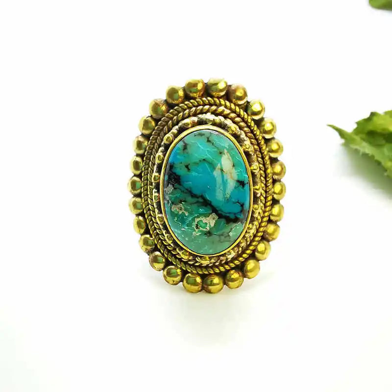 Large Oval Natural Stone Gold Plated Semi-Precious Stone Ring R230