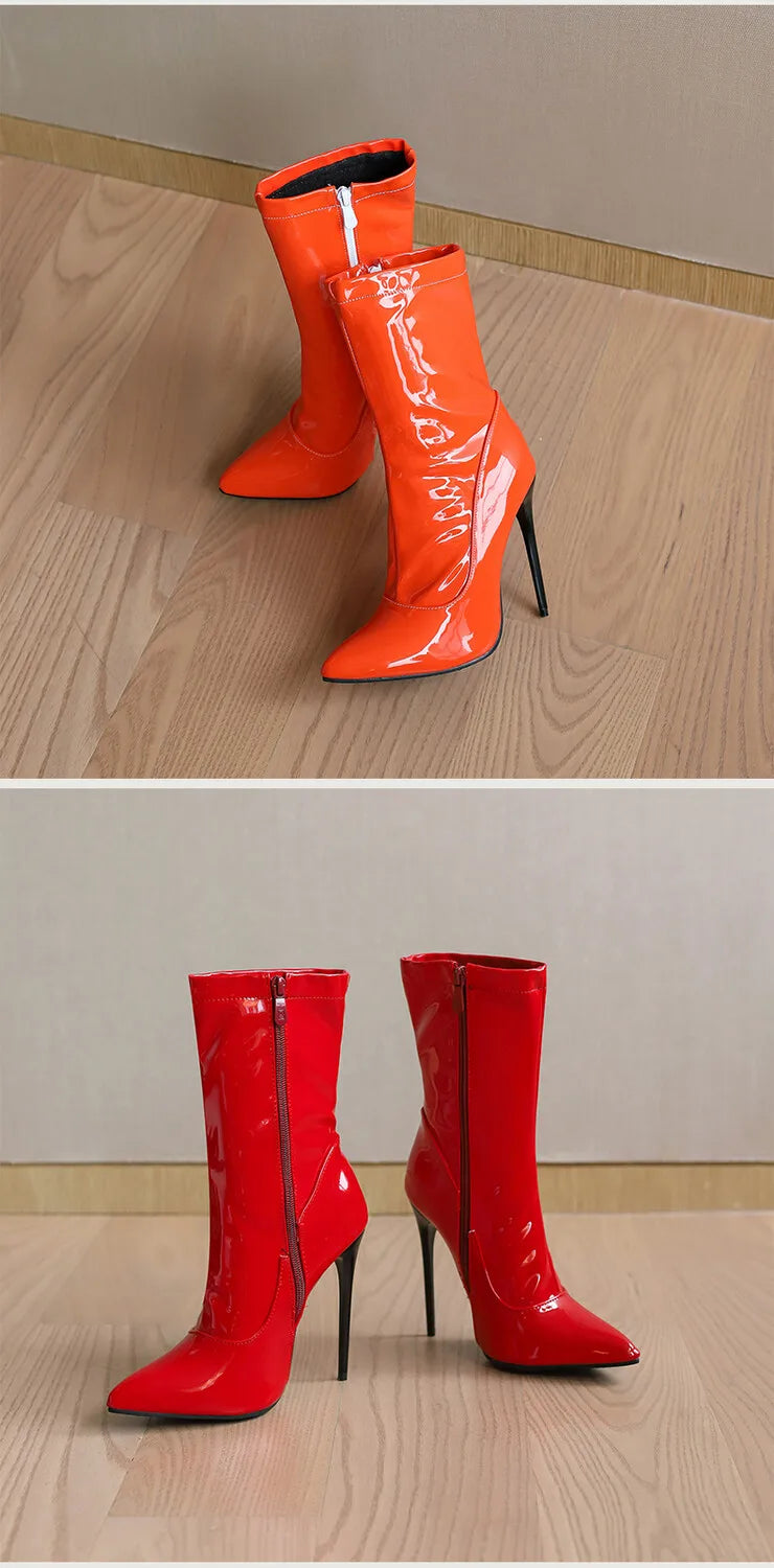 Women's Pointed Toe, Short Cut, Elegant Pointed Heel Patent Leather Boots