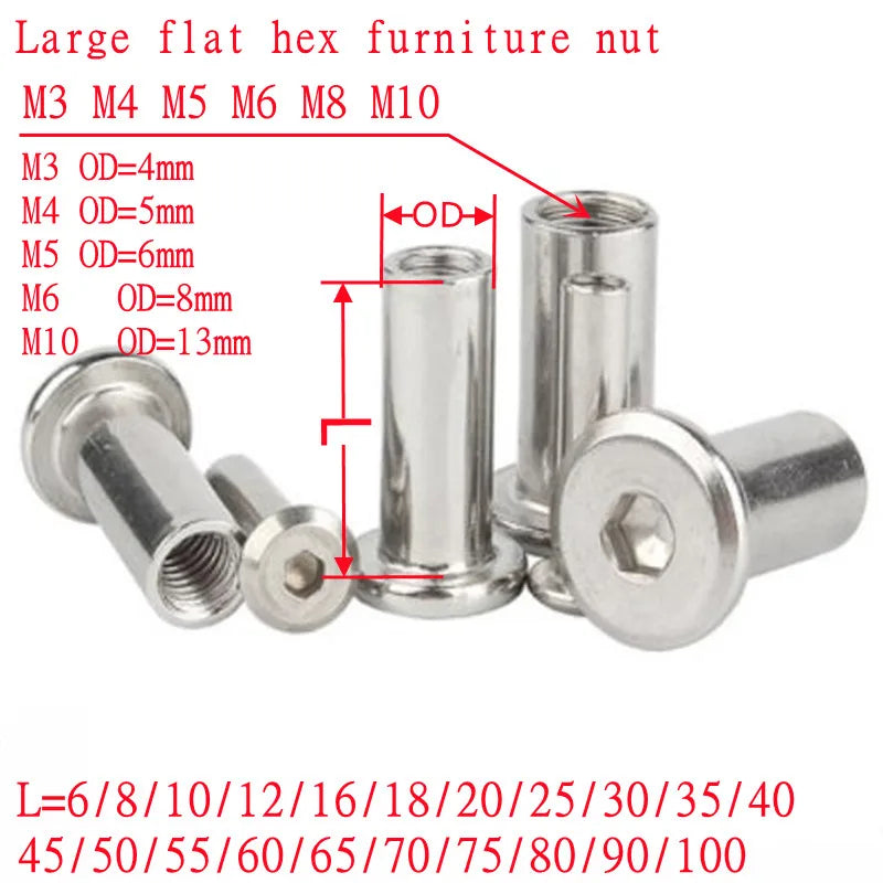 Ốc vít hình lục giác màu bạc, kích thước đa dạng M3-M10, với chú thích kích thước đường kính.