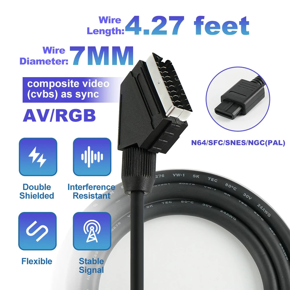 Cáp RGB SCART 1.3m Cho Console Game Cổ Điển Retro